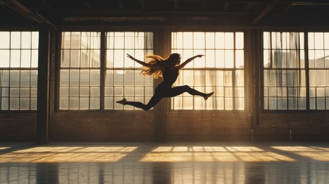 A female dancer leaps mid-air in a sunlit industrial studio. - Powered by Adobe