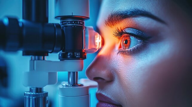 Close-up of a woman undergoing eye examination with ophthalmic equipment.