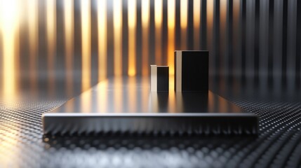 Data-driven bar graph on a sleek metallic surface, glowing effects, 3D illustration