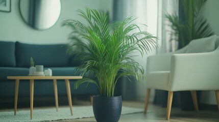 Lush potted palm plant in modern living room.