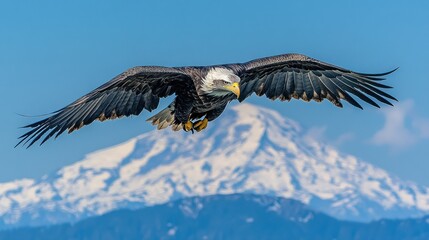 Obraz premium Majestic bald eagle in flight over snow-capped mountains.