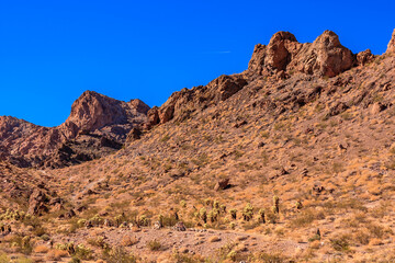 A rocky desert landscape with a blue sky in the background