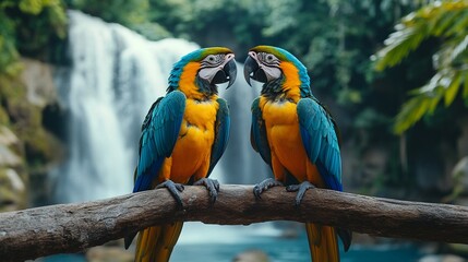 Obraz premium Two macaws perched on a branch with a waterfall and lush vegetation in the background.