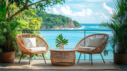 Obraz premium A cozy outdoor seating area with two wicker chairs and table on a balcony overlooking an ocean view.