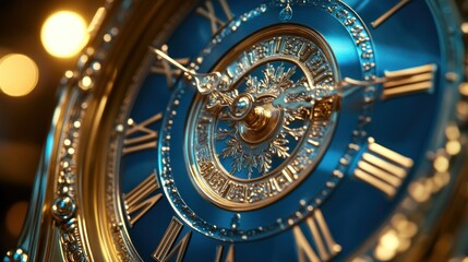 Obraz premium Close-up of an ornate, gold and blue clock face with Roman numerals.