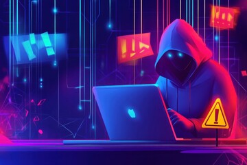 Mysterious Hooded Figure Typing on Laptop with Glowing Warning Signs in Dark Cartoon Style, Vibrant Neon Colors Creating an Intriguing Atmosphere