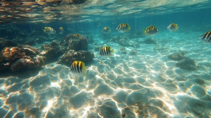 Underwater scene of Sergeant Major fish swimming over sandy seabed with rocks and sunlight.