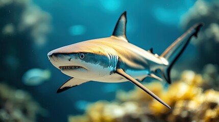 Naklejka premium Majestic shark gliding through vibrant coral reef underwater scene