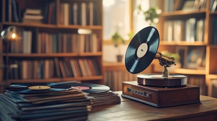 Vintage gramophone with vinyl records on wooden table in library.