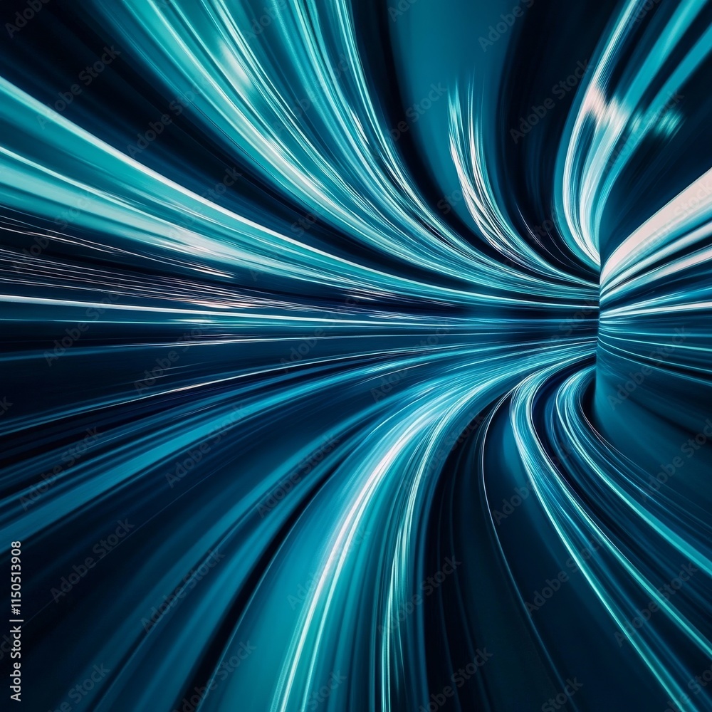 Poster dynamic light trails create an abstract representation of speed and movement through a futuristic tu