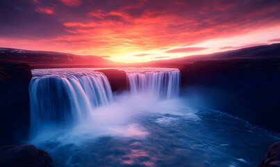 Godafoss Waterfall with Vibrant Sunset Sky