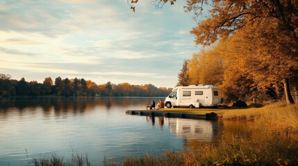 A peaceful riverside camping scene with an RV by the water in autumn colors, perfect for outdoor adventure and relaxation.