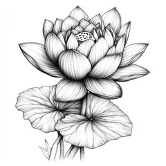 Fototapeta premium Detailed Line Drawing of a Lotus Flower with Leaves