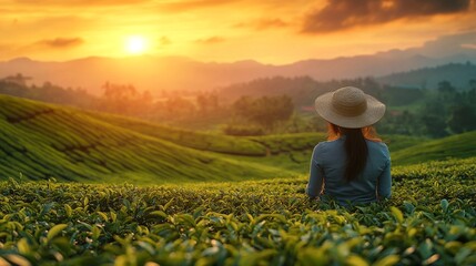 Fototapeta premium A woman with long dark hair and a wide-brimmed straw hat sitting amidst tea plants overlooking rolling hills at sunset.