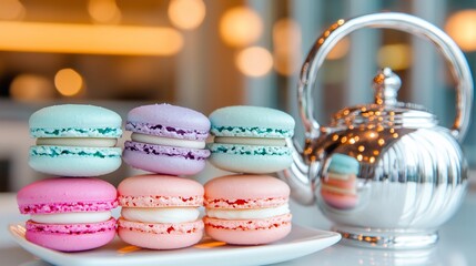 Fototapeta premium Colorful macarons stacked on a plate, next to a silver teapot.