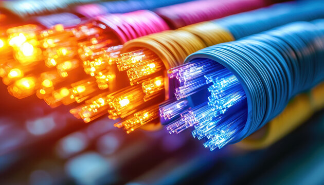 Brightly colored fiber optic cables bundled together, emitting light