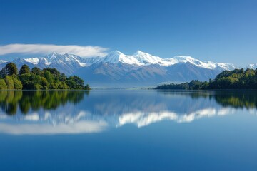 Majestic snow capped mountains reflected in a serene lake