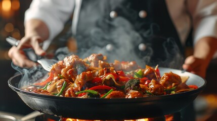 Chef Preparing Delicious Asian Stir-Fry in Wok