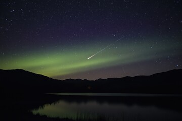 Naklejka premium Night Sky Meteor Shower Over Mountain Lake