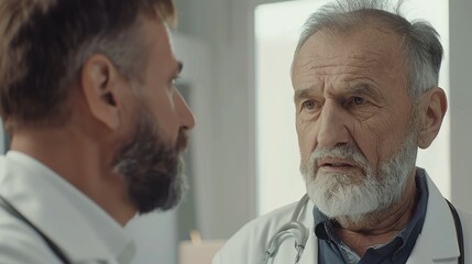 Obraz premium Two doctors in discussion, one older and one younger, in a medical setting.