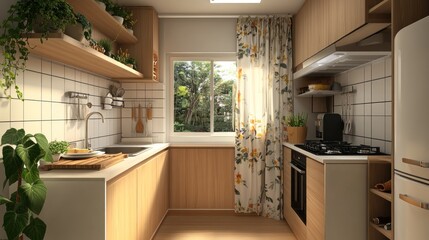 Fototapeta premium Sunny kitchen with wood cabinets, plants, and white subway tiles.