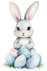 Cute Bunny with Easter Eggs, Illustration on White Background