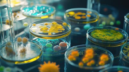 Laboratory scene showcasing diverse microbial cultures in petri dishes, highlighting microbiology and bio-research.