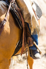 A man is riding a horse with a brown saddle and a brown horse