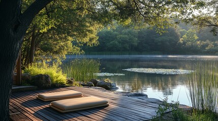 A serene lakefront retreat with two plush cushions placed on the wooden dock, surrounded by lush greenery and trees.