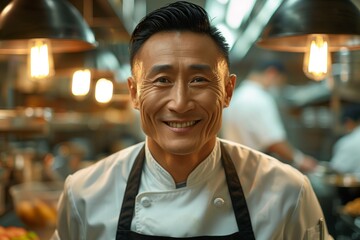 Smiling chef in a bustling kitchen showcasing culinary skills and passion for cooking delicious dishes.