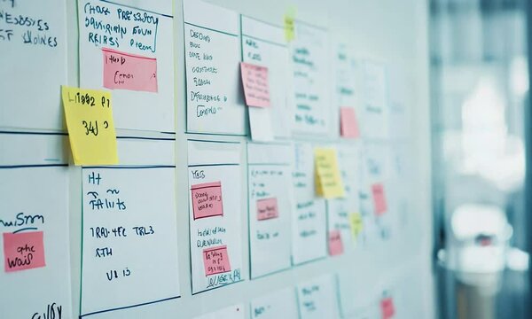 Whiteboard covered with colorful sticky notes, showcasing agile project management methodologies and task organization in a dynamic office environment