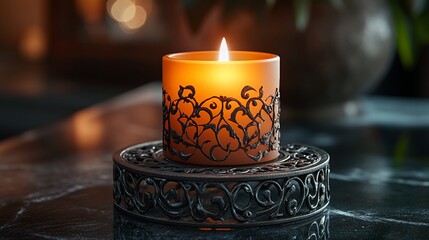 A lit candle with black design on a decorative metal base sitting on a dark marble table.