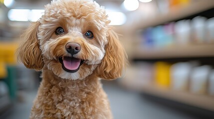Adorable fluffy dog with curly fur smiling in a bright indoor setting