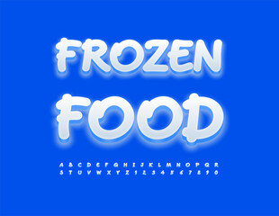 Vector glowing emblem Frozen Food. Snow White Font. Playful Alphabet Letters and Numbers