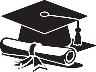 A black and white vector silhouette of a graduation diploma and cap with tassel hanging, graduation cap and diploma