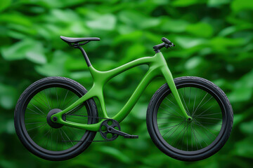 Fototapeta premium close up of modern bicycle with sleek green frame and black wheels, set against lush green background