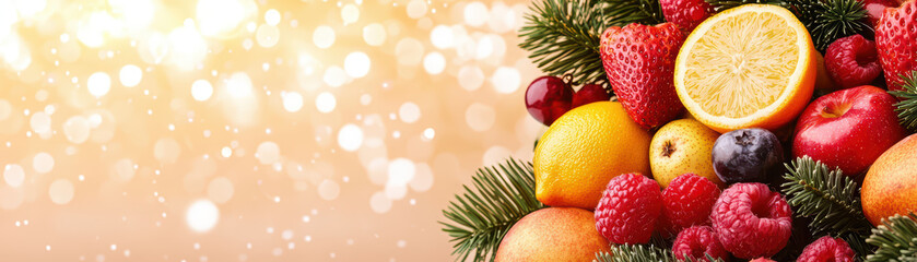 Fresh fruits including strawberries, oranges, and apples arranged beautifully with festive greenery, creating vibrant and cheerful display