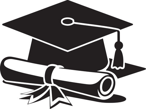 A black and white vector silhouette of a graduation diploma and cap with tassel hanging, graduation cap and diploma