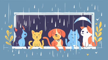 Rain of Cats and Dogs Flat Vector Illustration
