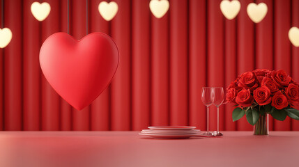 romantic dining area featuring heart shaped decoration, red roses, and elegant tableware creates warm atmosphere for special occasions