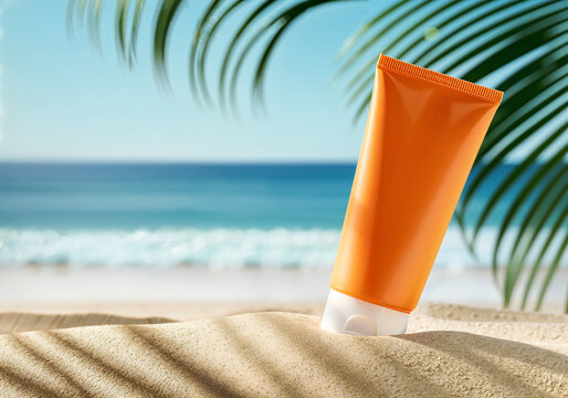 Orange sunscreen bottle standing on the sand of a tropical beach with palm tree leaves and ocean in the background