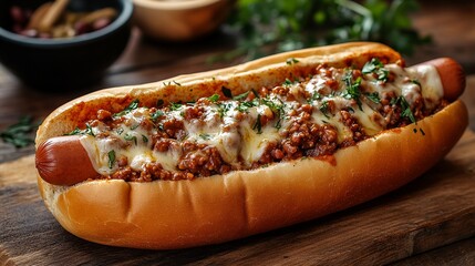 A hot dog topped with chili and cheese on a wooden cutting board.