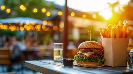 A delicious burger with fries and a drink, perfect for an outdoor dining experience during sunset.