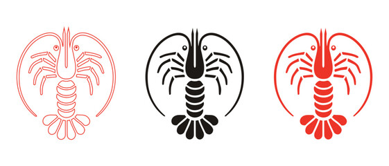A vector illustration of a shrimp outline and black filled icon symbol on white background