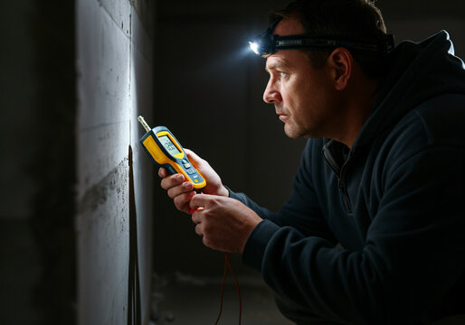 Construction worker using a moisture meter to check humidity level on a concrete wall in a dark room, wearing a headlamp