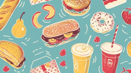 Colorful seamless pattern of various food items, including sandwiches, pastries, fruit, and drinks.