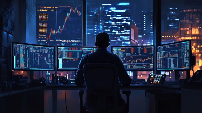 A man sits at a desk surrounded by multiple computer monitors displaying stock charts and graphs, likely working as a stock trader or financial analyst.