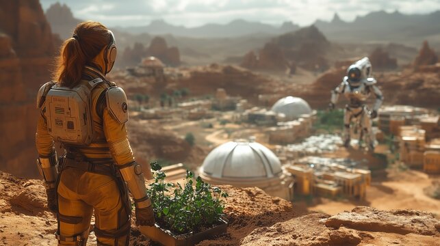 Astronaut overlooking Martian colony while holding plants