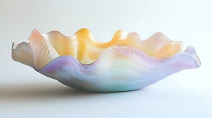 Fluid ripples of pastel yellow and coral merge with shimmering accents of lilac and turquoise over a soft gray gradient