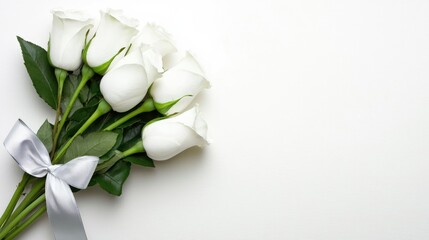 Fototapeta premium Celebratory white rose bouquet indoor setting floral arrangement minimalist environment close-up view elegance concept